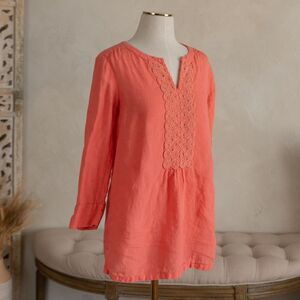 Land's End Coral Linen 3/4‎ Sleeve Tunic/Blouse with Embroidered V-Neck size 4